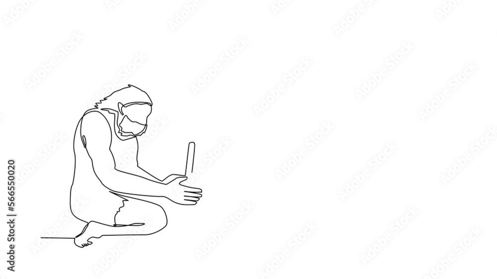 Self drawing animation of single one line draw prehistoric man making fire by rubbing twigs. Primitive people starting bonfire with hand drill. Continuous line draw. Full length animated illustration Self drawing animation of single one line draw prehistoric man making fire by rubbing twigs. Primitive people starting bonfire with hand drill. Continuous line draw. Full length animated illustration