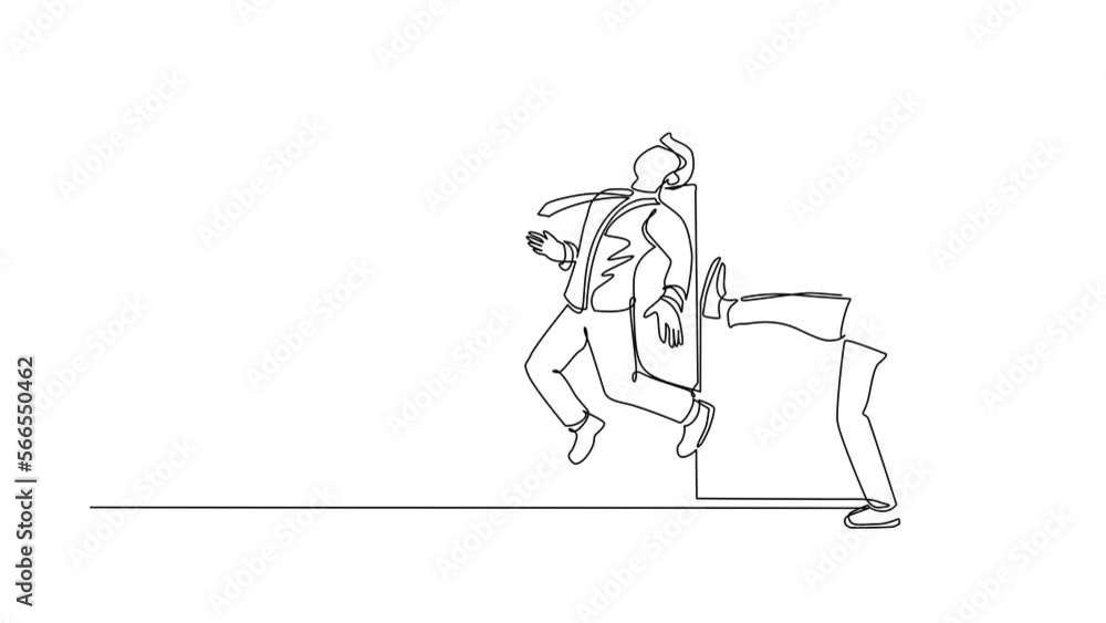 Self drawing animation of single line draw businessman kicked out of door. Dismissed from his job. Unemployment business. Boss kicks unnecessary employee. Continuous line draw. Full length animated