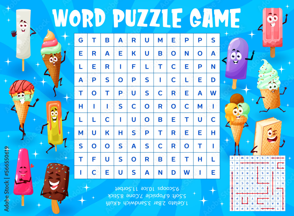 Ice cream dessert characters word search puzzle game vector worksheet