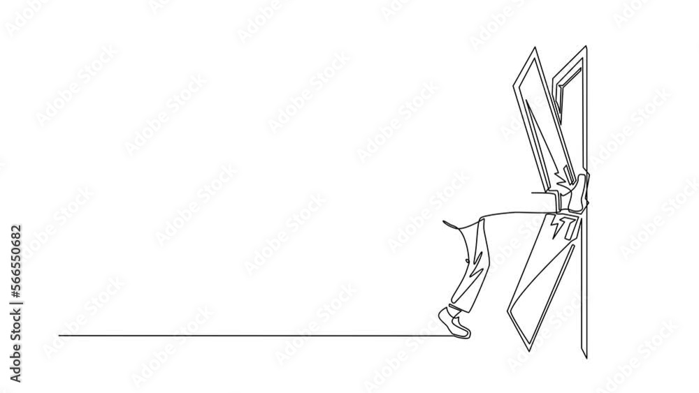 Animated self drawing of continuous line draw businessman kicks door until door shattered. Man kicking locked door and destroy. Business concept of overcoming obstacles. Full length one line animation Animated self drawing of continuous line draw businessman kicks door until door shattered. Man kicking locked door and destroy. Business concept of overcoming obstacles. Full length one line animation