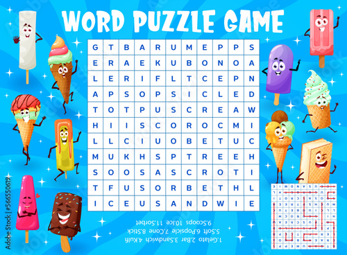 Ice cream dessert characters word search puzzle game vector worksheet. Kids quiz grid or education riddle, word searching game with sweet food personages, cute ice cream cones, gelato, kulfi, sorbet