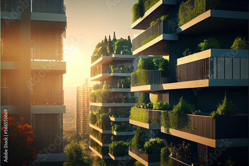Foto Modern environmental residential city district with green trees and garden on balcony