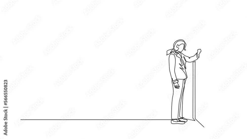 Self drawing animation of single line draw businesswoman knocking at door. Woman at entrance of room knocking door. Female in blazer is knocking at door. Continuous line draw. Full length animated Self drawing animation of single line draw businesswoman knocking at door. Woman at entrance of room knocking door. Female in blazer is knocking at door. Continuous line draw. Full length animated