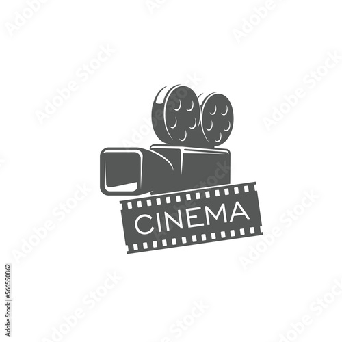 Movie cinema vector emblem with vintage video camera and reel bobbin. Label with old style camcorder for film studio, cinematography entertainment industry festival with retro movie shooting equipment