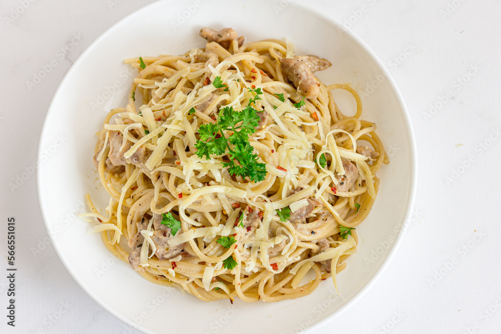 Spaghetti Chicken Pasta in Abowl Top Down Close Up Photo Spaghetti Chicken Pasta in Abowl Top Down Close Up Photo