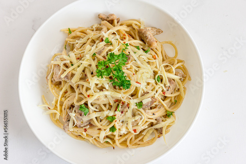 Spaghetti Chicken Pasta in  Abowl Top Down Close Up Photo