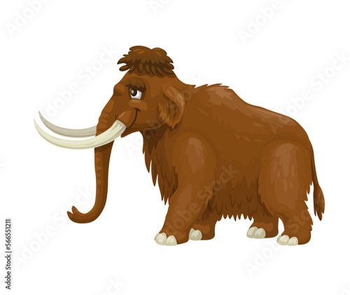 Cartoon Mammoth animal character. Ice age extinct herbivore animal cute personage  ancient wildlife fauna wooly elephant mammal with trunk and tusks. Huge mammoth isolated vector funny mascot