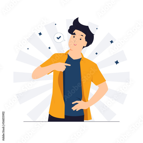 Confident brave smiling man pointing herself with fingers proud and happy, confidence, high self esteem concept illustration