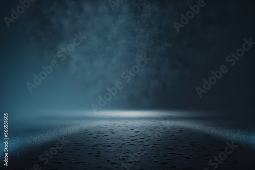 Abstract dark blue background  perspective concrete floor  empty dark scene  spotlight  glowing  flares  smoke float up  for display products. Generative AI.