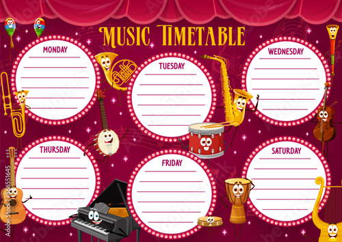Timetable schedule with cartoon musical instrument characters. School study weekly schedule, education week vector timetable classes daily planner with funny saxophone, piano, violin and guitar, drums