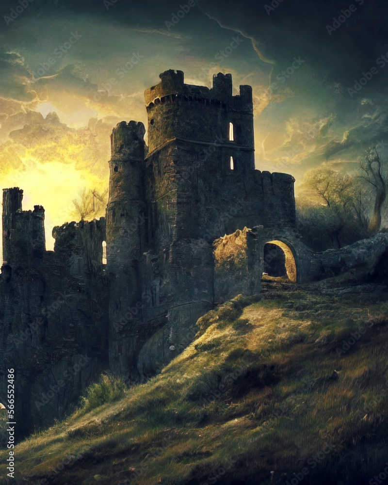 Old medieval castle at top of the hill at night, lit by the bright moonlight. Generative ai.