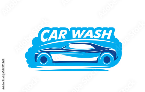 Car wash service, automobile cleaning garage icon. Auto washing, vehicle interior cleaning company or workshop vector icon, blue sticker or graphic symbol with classic muscle car in shampoo foam