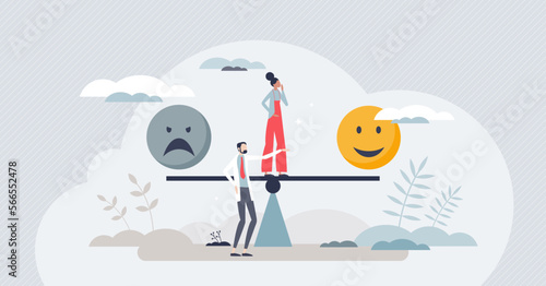 Cognitive behavioral therapy or CBT for dual feelings and emotional disorders tiny person concept. Balance for depression or happy mindset with professional psychological treatment vector illustration