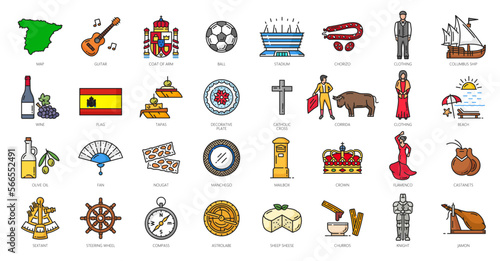 Spain outline icons, travel and Spanish culture, landmarks vector symbols. Spanish flag, map and coat of arms with flamenco castanets, toreador corrida and national clothing icons