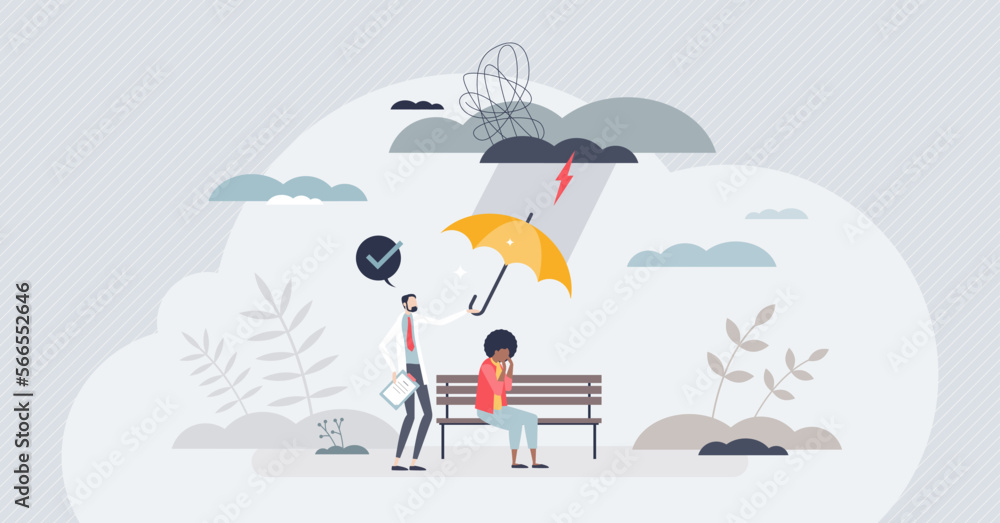 Cognitive behavioral therapy or CBT for mental health tiny person concept. Emotional and psychological support for patient with thinking disorders, anxiety and mind depression vector illustration.