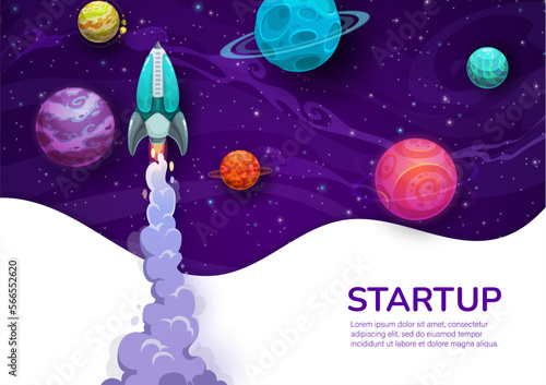 Business startup project. Rocketship launch and galaxy space planets. Business project internet site template, startup launch banner or vector background, company web page with starship in space