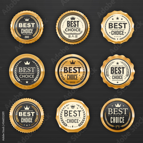 Best choice golden badges and labels, premium quality gold award emblems, vector. Best choice golden certificate medals and ribbons with laurel wreath, stars and crown, best choice product seals