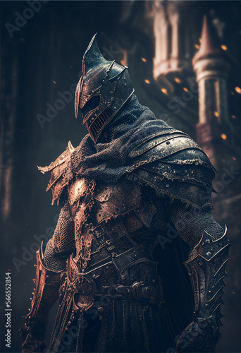 Fototapete A medieval knight standing in a dark castle wearing powerful armor and a helmet