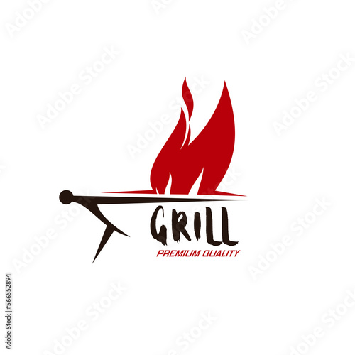 BBQ grill icon. Barbeque equipment shop sign, cooking tools store vector emblem or symbol, butchery, bar or restaurant icon with barbeque charcoal grill, red fire flames and grungy typography