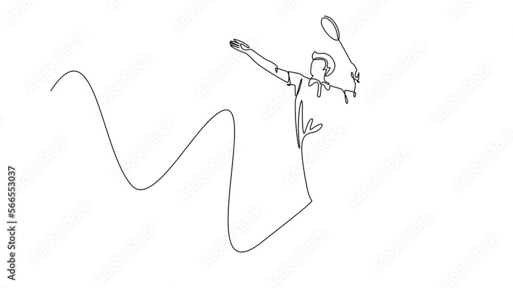 Animated self drawing of continuous line draw young agile man badminton player jump and smash shuttlecock. Badminton tournament event. Sport exercise healthy concept. Full length one line animation Animated self drawing of continuous line draw young agile man badminton player jump and smash shuttlecock. Badminton tournament event. Sport exercise healthy concept. Full length one line animation