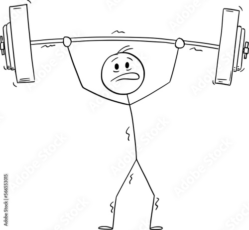 Weightlifter Lifting Barbell , Vector Cartoon Stick Figure Illustration