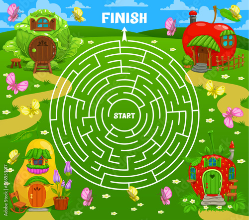 Labyrinth maze fairytale magic houses and dwellings. Kids vector board game worksheet with cartoon pear, cabbage, apple and strawberry homes on green field. Boardgame with round path, start and finish