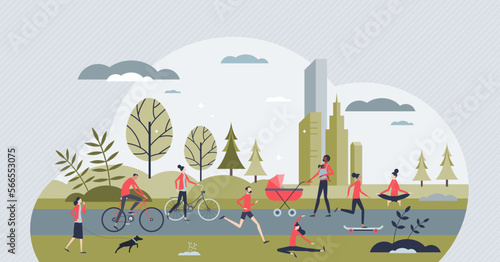 Active transportation city and healthy sport activity tiny person concept. Alternative transport without vehicles for green, sustainable and nature friendly urban environment vector illustration. photo