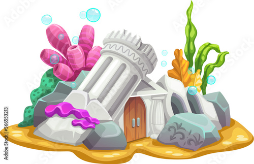 Underwater ancient city house building. Vector mermaid dwelling with ruined column, wooden door, arched windows, stones with mysterious signs, corals or seaweeds on ocean bottom. Fantasy architecture