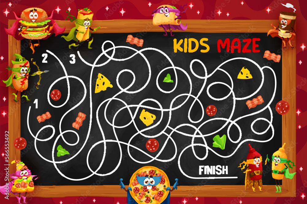 Labyrinth maze. Help to fast food characters find exit. Children ...