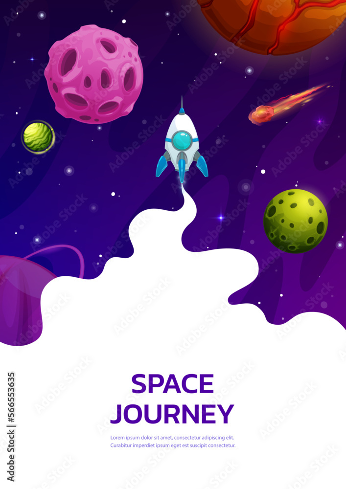 Landing page space. Cartoon rocket in starry universe. Comet, space planets and stars on startup launch web page template, company internet site vector layout or business project banner background Landing page space. Cartoon rocket in starry universe. Comet, space planets and stars on startup launch web page template, company internet site vector layout or business project banner background