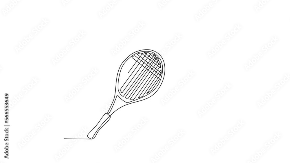 Animated self drawing of continuous line draw tennis racket, ball equipment for competition game. Sport tennis tournament and championship posters. Healthy activity. Full length single line animation