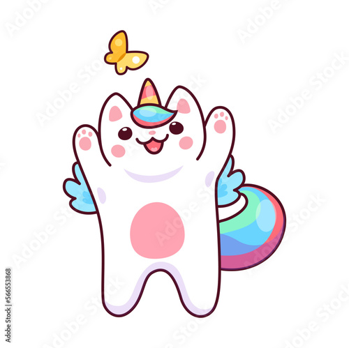 Caticorn character. Fantasy kitten with unicorn horn, wings and rainbow tail, kawaii cat isolated vector funny mascot. Magical creature, fairy caticorn kitten happy personage playing with butterfly