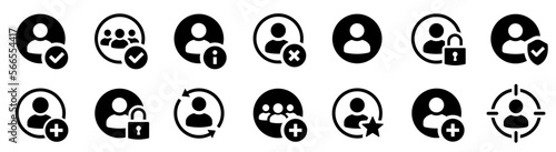 User icon in flat style collection. Person profile avatar with plus, check mark, user information, user lock, user security. Team user icon. Person profile avatar. Add user. Add account symbol. 