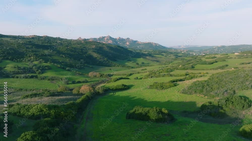 Green countryside with rocky mountains at sunset Green countryside with rocky mountains at sunset