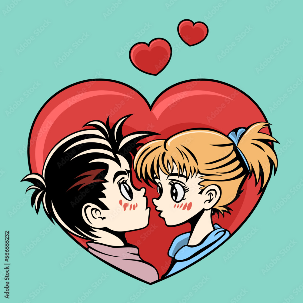 Cute cartoon couple on heart background, love and friendship concept, valentine, flat vector illustration. Cute cartoon couple on heart background, love and friendship concept, valentine, flat vector illustration.