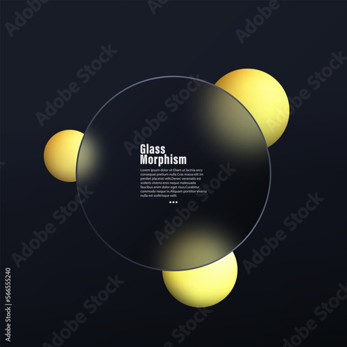 Glass background design. Transparent round glass disc with colorful spheres on a black background.