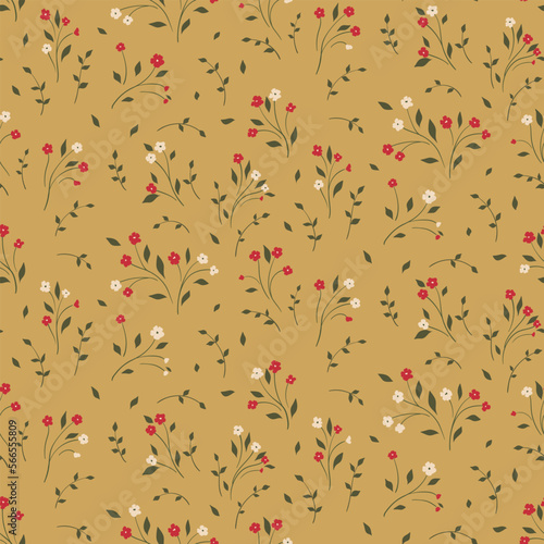 Seamless floral pattern, vintage ditsy print with tiny hand drawn plants. Cute botanical design with small flowers on thin branches, leaves on a mustard background. Vector illustration.