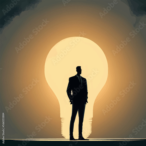 Business idea or business creativity concept with businessman standing in front of a huge light bulb and looking on it. Vector illustration