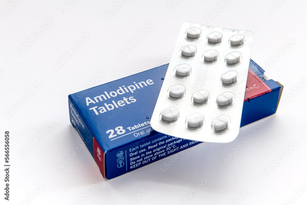 London. UK- 01.29.2023. A packet of Amlodipine tablets isolated in ...