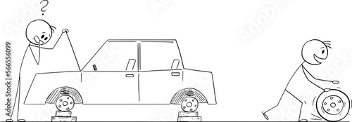 Driver and Car with Stolen Wheels , Vector Cartoon Stick Figure Illustration