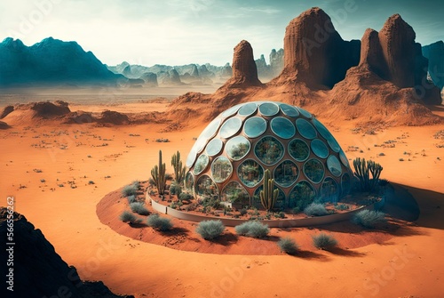 Fényképezés a human colony on Mars with terraformed vegetation generative AI
