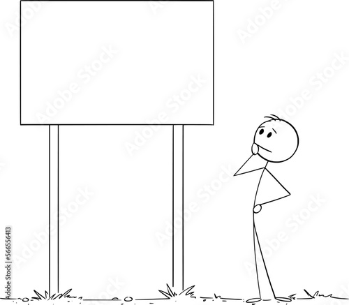 Person Looking at Empty Sign or Billboard, Vector Cartoon Stick Figure Illustration