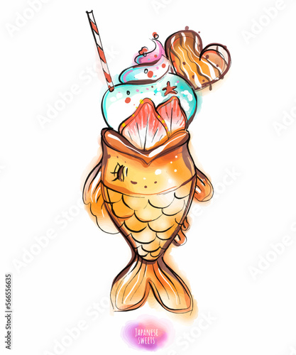 Vector watercolor clipart on a white background Asian sweets fish. Waffles, cookies, ice cream stuffed with fruit, chocolate, nuts.