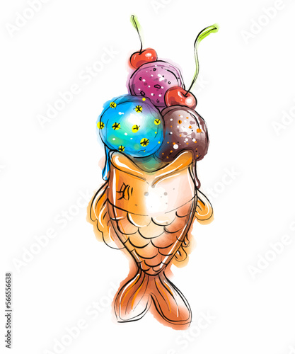 Vector watercolor clipart on a white background Asian sweets fish. Waffles, cookies, ice cream stuffed with fruit, chocolate, nuts.