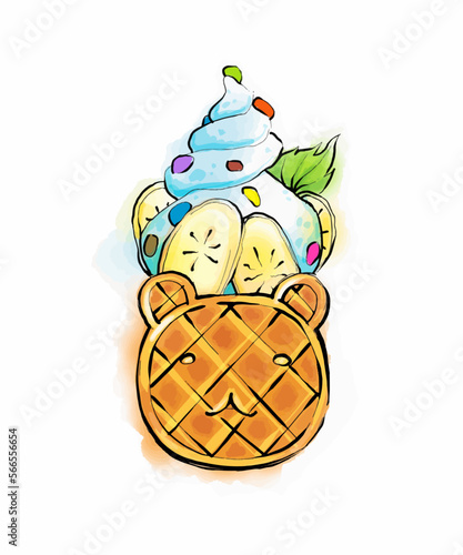 Vector watercolor clipart on a white background Asian sweets fish. Waffles, cookies, ice cream stuffed with fruit, chocolate, nuts.