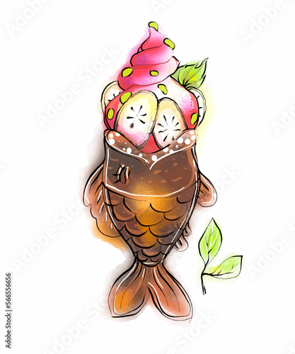 Vector watercolor clipart on a white background Asian sweets fish. Waffles, cookies, ice cream stuffed with fruit, chocolate, nuts.