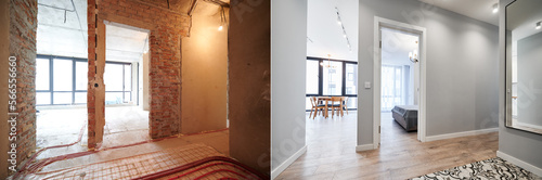 Living room and bedroom with large windows and doors before and after refurbishment or restoration. Old apartment before renovation and new renovated flat with parquet floor and furniture. photo