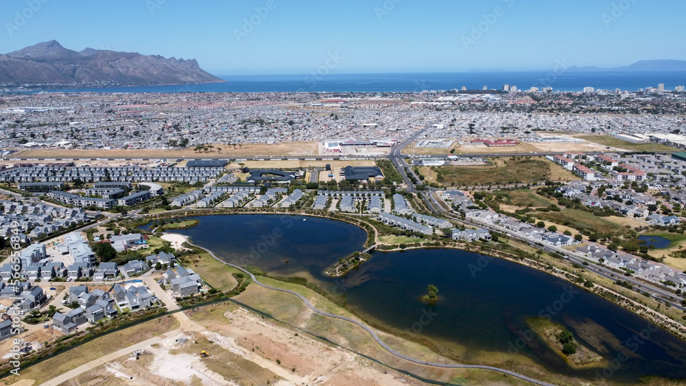 Naklejka premium Aerial view of Somerset Lakes looking towards Gordon's bay, Cape Town, South Africa
