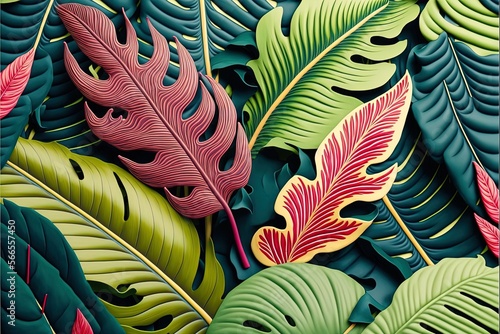 Abstract tropical leaves and flowers background. Realistic clay render illustration