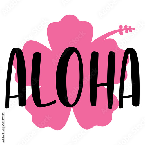 Logo destino de vacaciones. Letras de la palabra hawaiana aloha en texto manuscrito con silueta de flor de hibisco photo